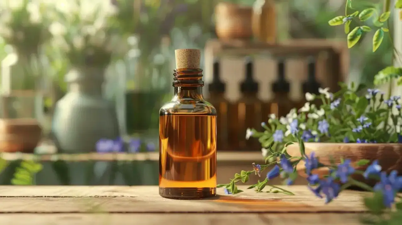 Szklana butelka z bursztynowym płynem, idealna na olej lniany na czczo, otoczona zielenią i delikatnymi kwiatami.