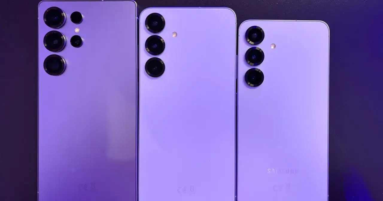 Trzy fioletowe smartfony Samsung, w tym model z czterema aparatami, zapowiadają premierę Samsung S26.