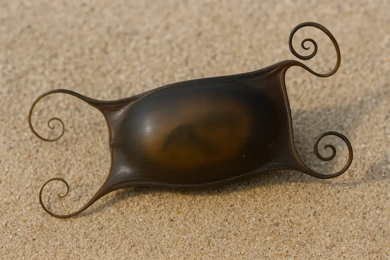 Skrzek rekina na piasku, z charakterystycznymi spiralnymi wąsami.