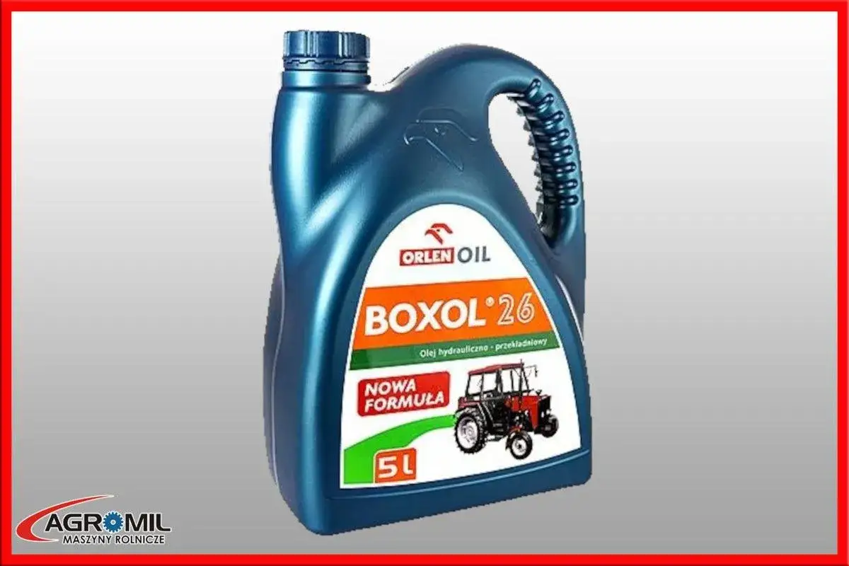 Niebieska bańka oleju hydraulicznego Boxol 26 5L z wizerunkiem ciągnika.