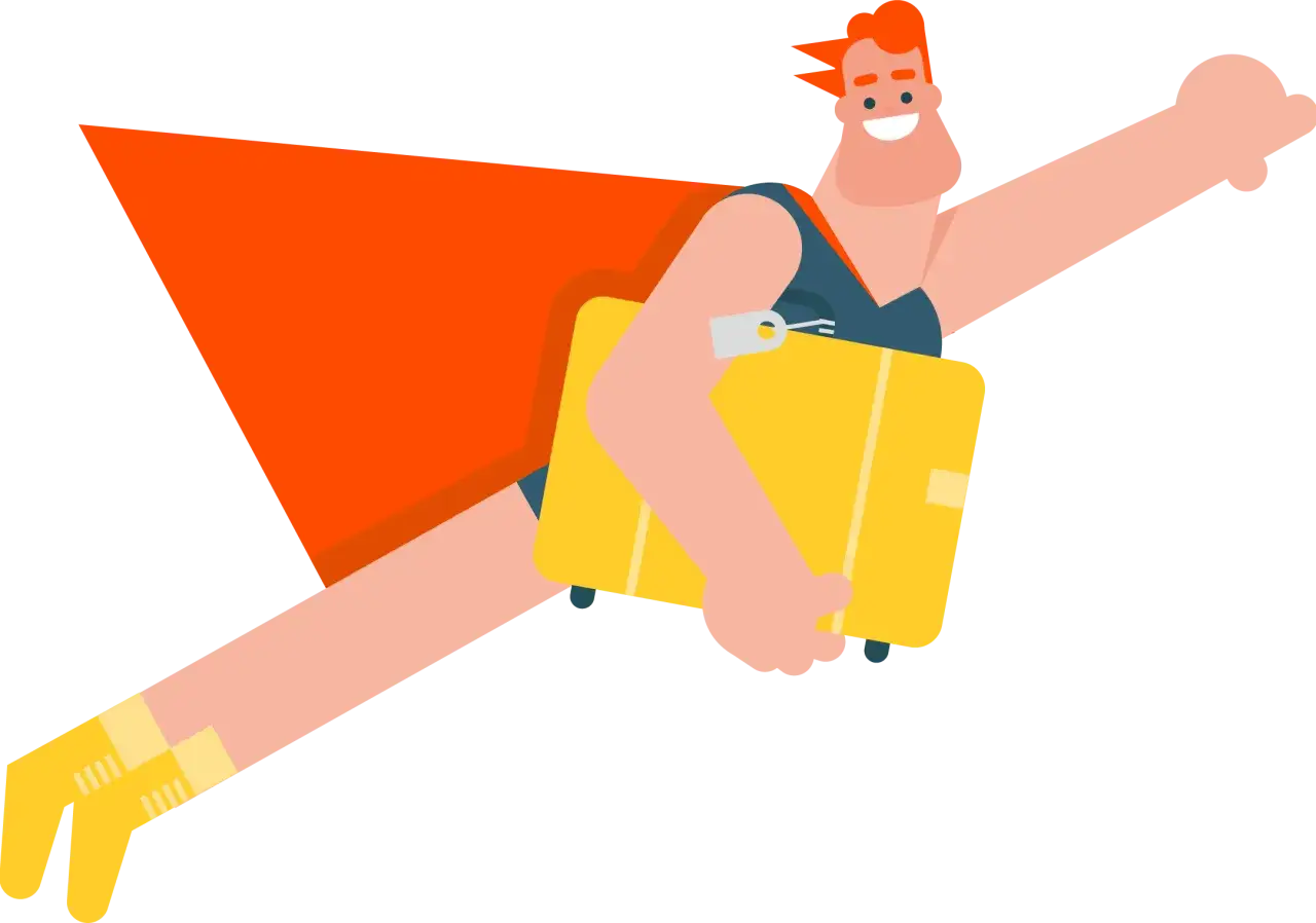 Cartoon man with orange cape and yellow boots flying with a yellow suitcase.