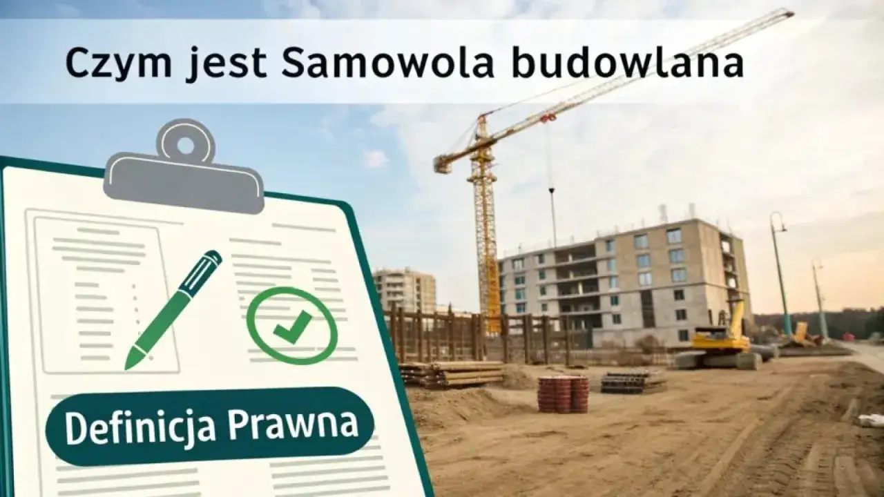 Tablica z tekstem "Czym jest Samowola budowlana" i "Definicja Prawna" na tle placu budowy z dźwigiem i budynkiem. Kara za samowolę budowlaną może być wysoka.