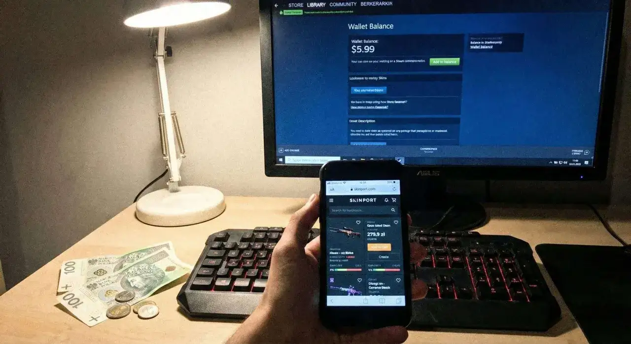 Na biurku leżą polskie banknoty i monety, obok klawiatury i lampki stoi monitor ze Steamem i telefon z aplikacją Skinport.