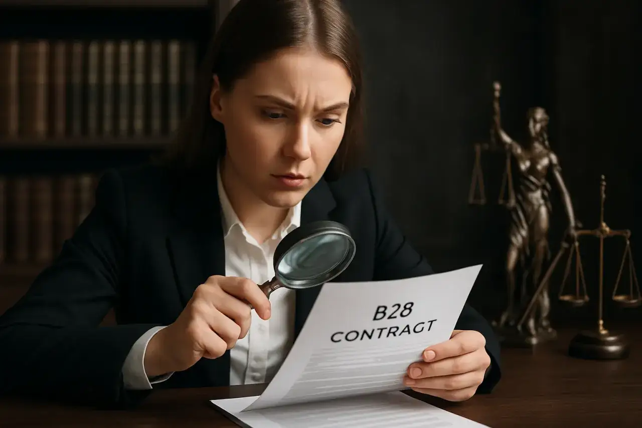Kobieta analizuje umowę B2B przez lupę, szukając najczęstszych błędów w umowach handlowych.