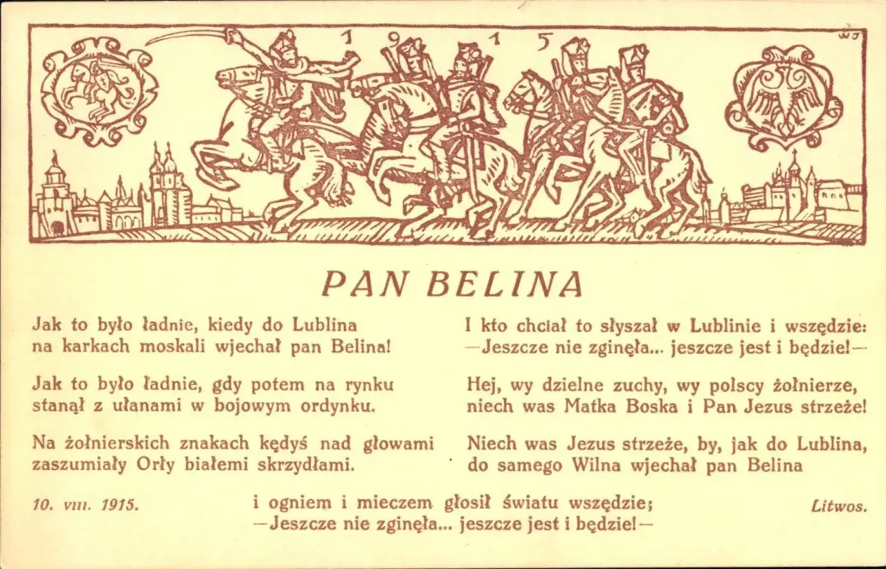 Pan Belina, polski żołnierz, wjeżdża na koniu do Lublina. Wiersz opiewa jego odwagę i niezłomność.
