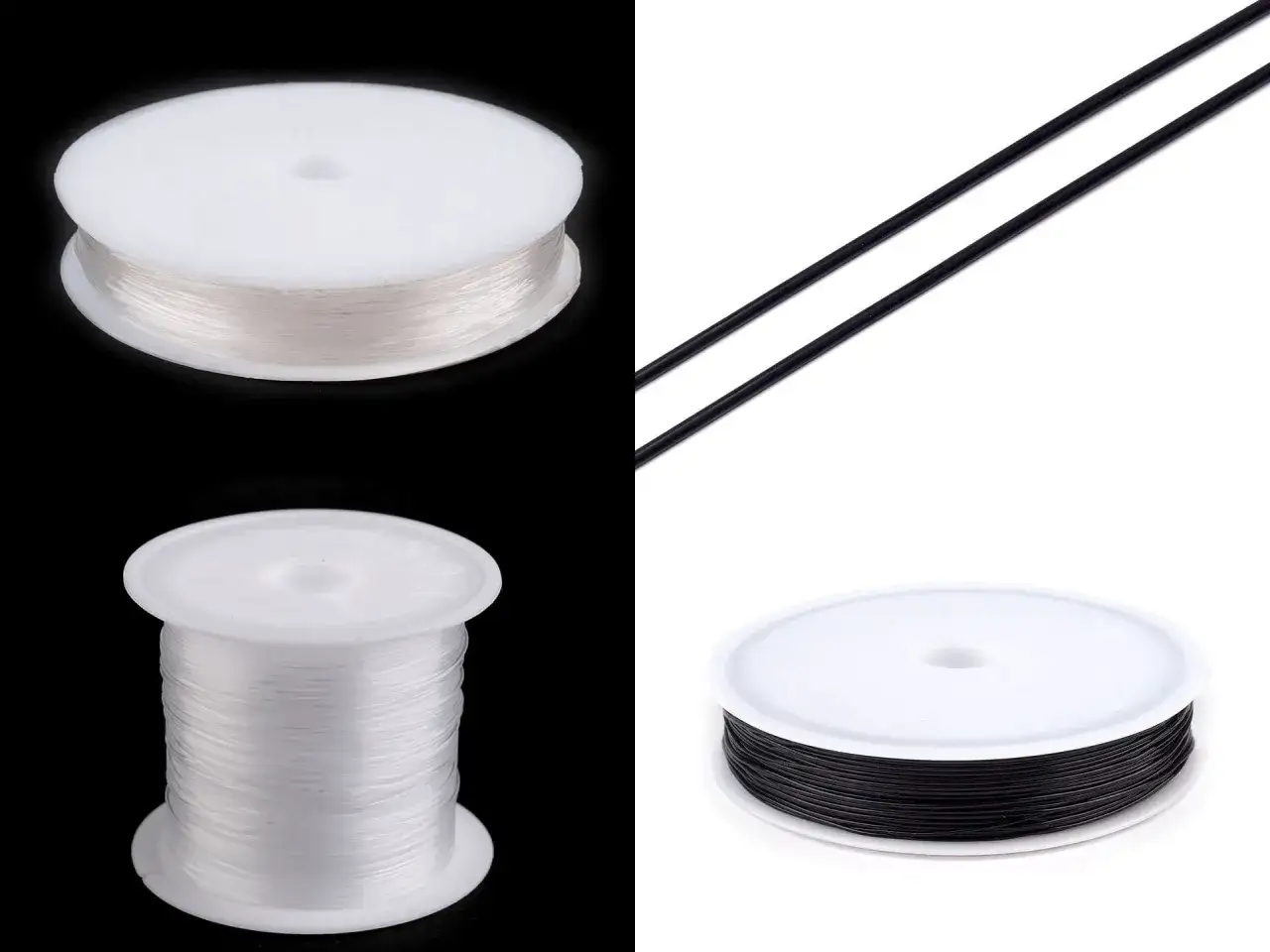 Szukasz idealnej żyłki do bransoletek? Na zdjęciu widać szpulki z przezroczystą i czarną żyłką, gotowe do tworzenia biżuterii.