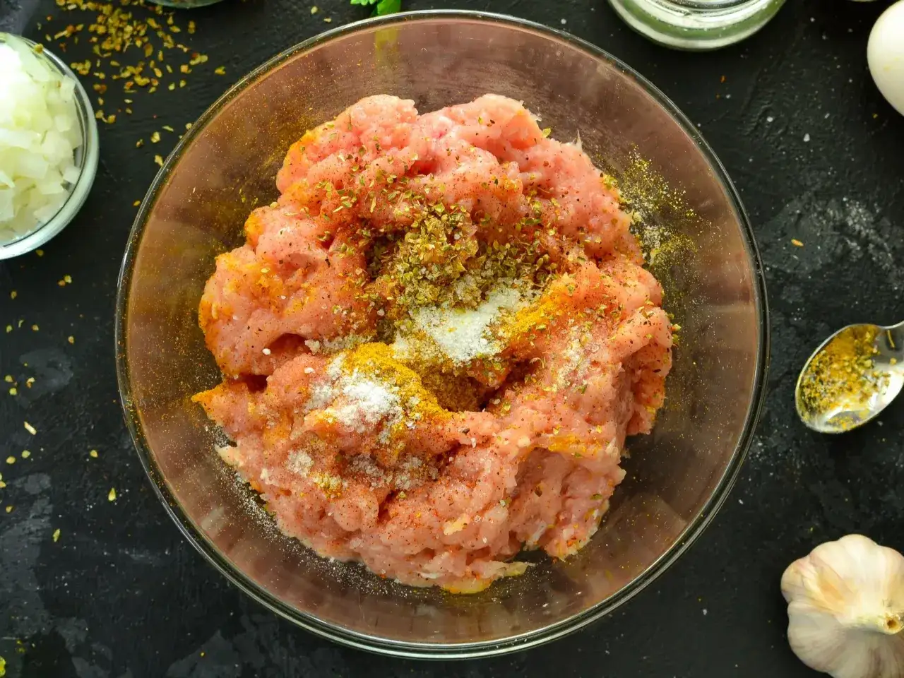 Mielone mięso do kebaba w misce, doprawione przyprawami i solą. Obok posiekana cebula i czosnek.