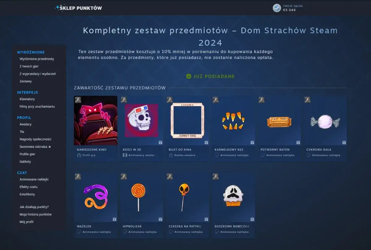 Zestaw przedmiotów z motywem Halloween na Steam: nawiedzone kino, kości w 3D, ramka, słodycze i inne.