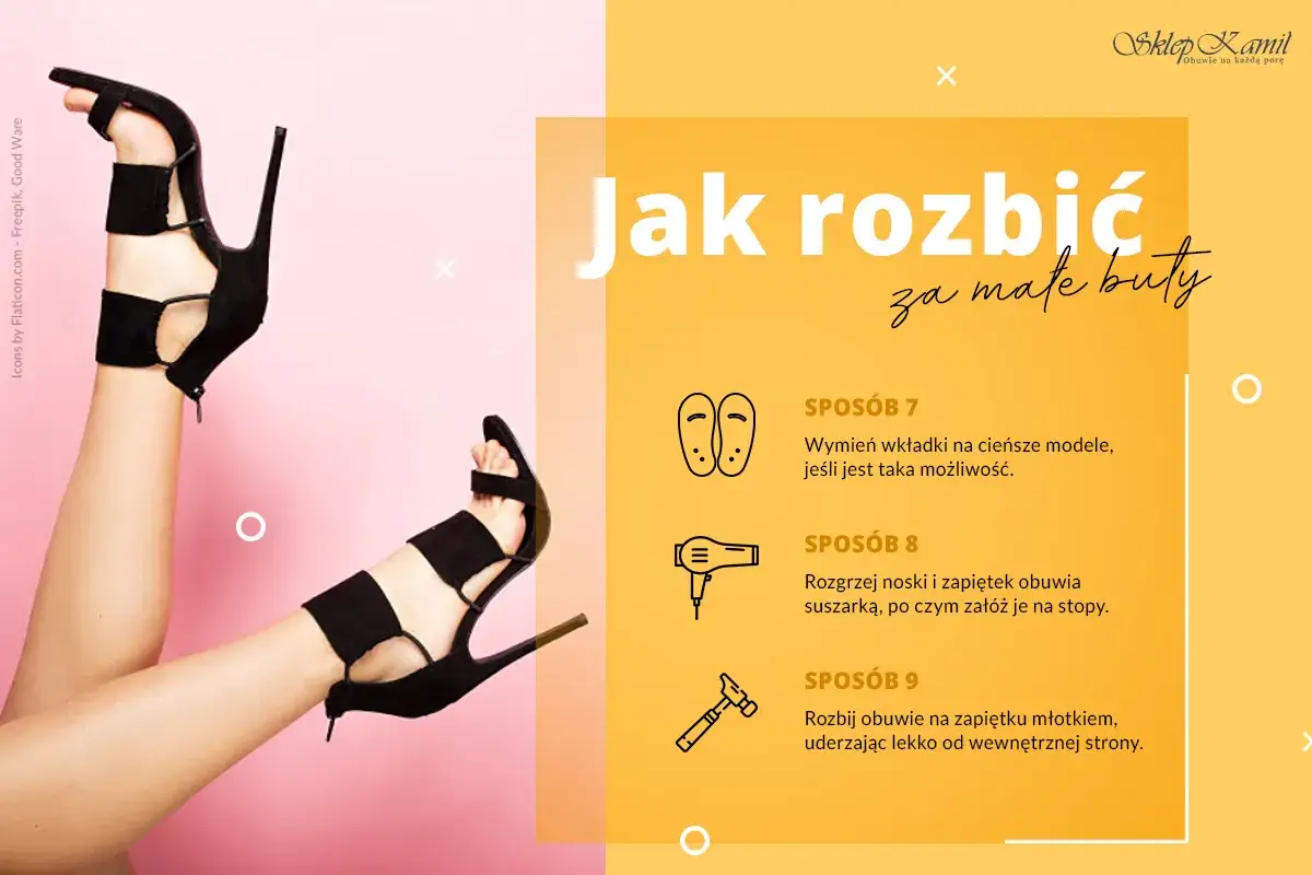 Nogi w czarnych sandałach na obcasie, obok ikon przedstawiających metody rozciągania butów.