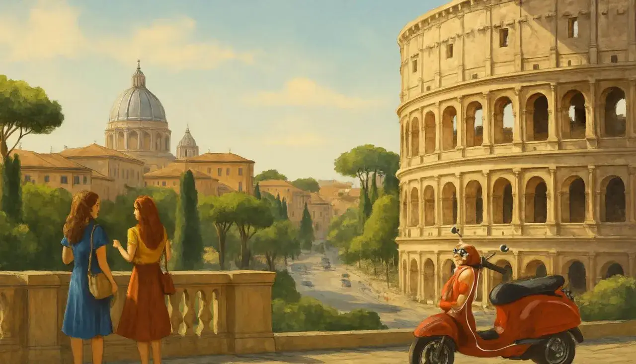 Dwie kobiety podziwiają Koloseum i panoramę Rzymu, planując swój **rzym w 4 dni**. Obok czerwony skuter.