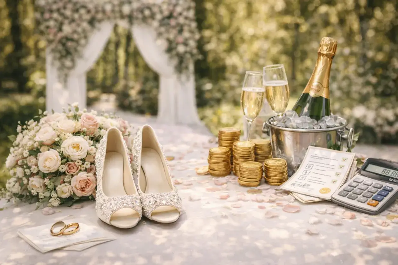 Ile kosztuje talerzyk na weselu w 2026? Średnie ceny w różnych regionach, bukiet, buty, obrączki, szampan i stosy monet.