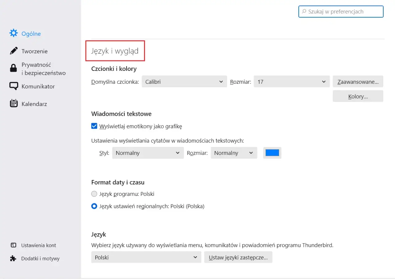 Ustawienia programu Thunderbird: zakładka "Język i wygląd". Wybierz język programu, aby zmienić język w przeglądarce Firefox.