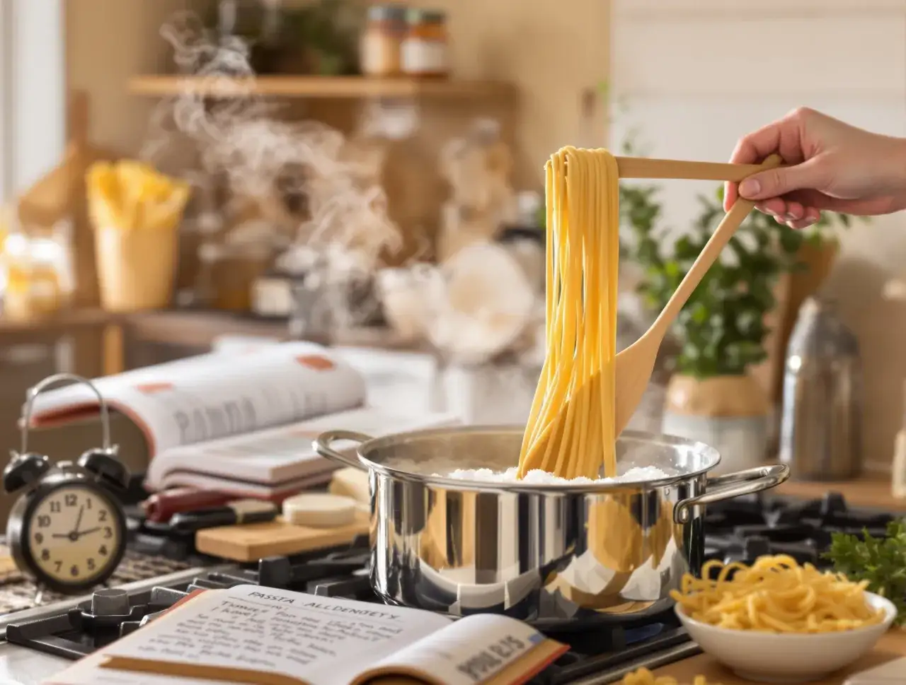 Dłoń trzyma drewniane szczypce z makaronem spaghetti nad garnkiem z gotującą się wodą.