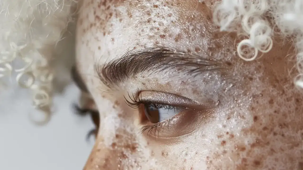 Zbliżenie na twarz z licznymi piegami i białymi kropkami na skórze. Widać oko, brew i kręcone, jasne włosy.