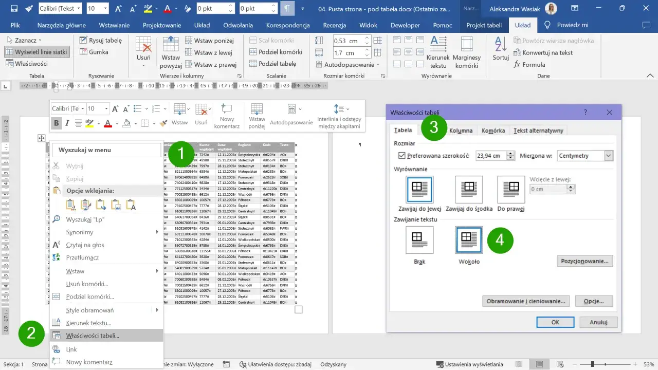 Okno dialogowe "Właściwości tabeli" w programie Word, z zaznaczoną opcją "Zawijaj tekst wokół".
