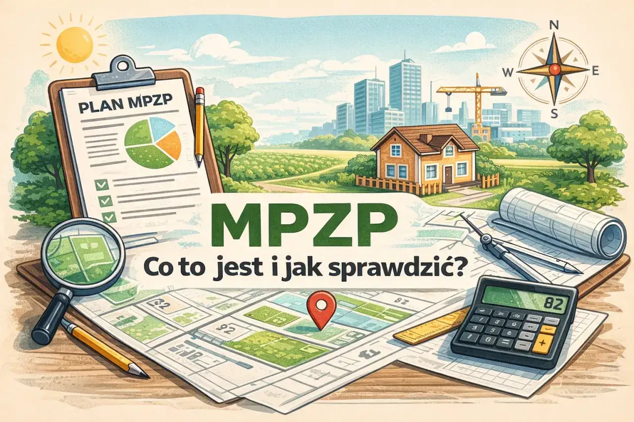 MPZP: co to jest i jak sprawdzić? Plan zagospodarowania przestrzennego, mapa, dom, budowa, lupa, kompas, kalkulator.