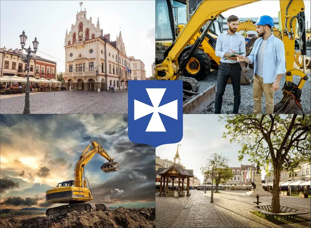 Kolaż: budynek ratusza, koparka, dwaj mężczyźni przy koparce, plac miejski, herb.