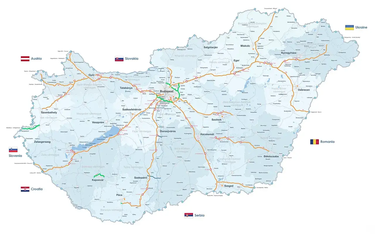 Mapa dróg Węgier z zaznaczonymi głównymi trasami i miastami. Planujesz podróż po Węgrzech? Ta mapa pomoże Ci zaplanować trasę.