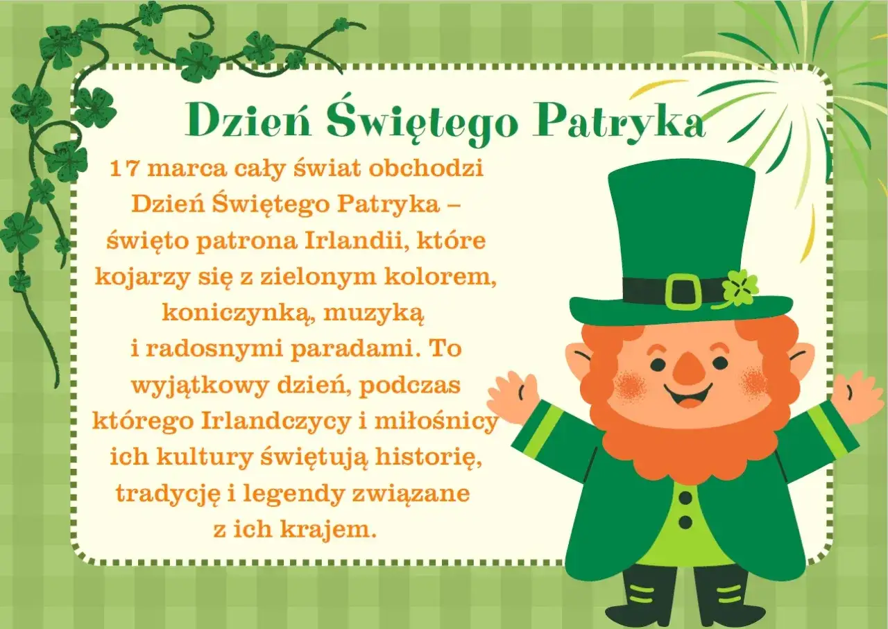 Uroczy skrzat w zielonym kapeluszu świętuje Dzień Świętego Patryka, patrona Irlandii. Obrazek nawiązuje do legend i tradycji tego kraju.