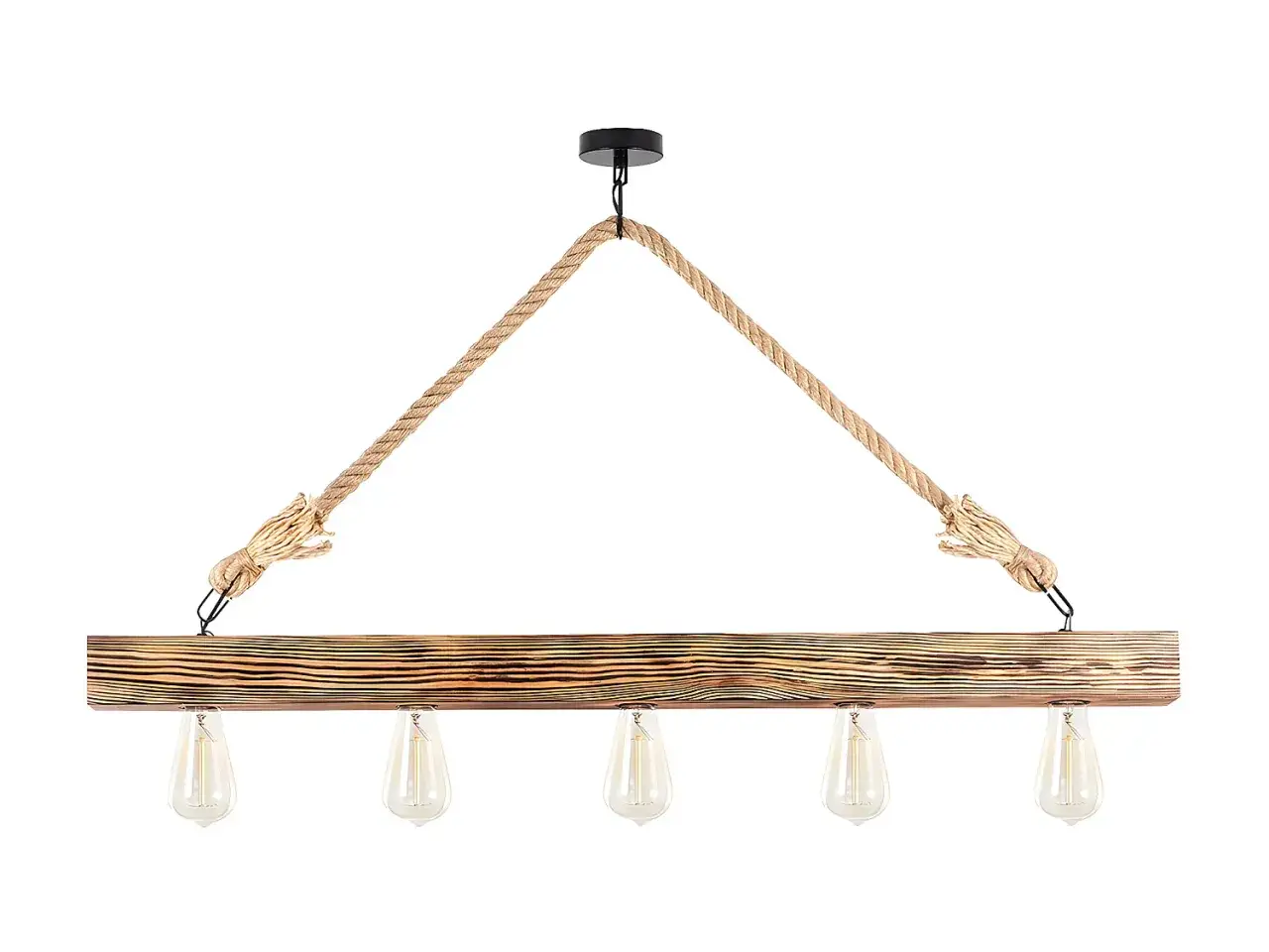Rusty, drewniana lampa wisząca z pięcioma żarówkami w stylu retro, zawieszona na grubym, plecionym sznurze.