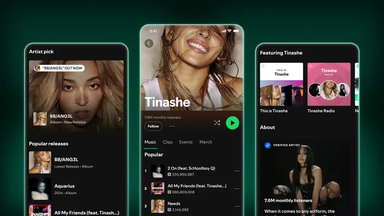 Trzy ekrany telefonu z profilem artystki Tinashe na Spotify, pokazujące jej muzykę i popularność.