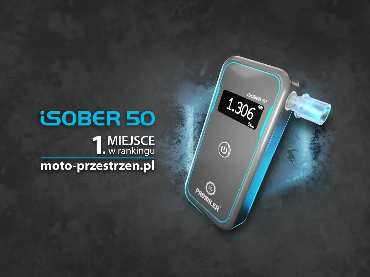 Cyfrowy alkomat Promiler iSober 50 z wyświetlaczem pokazującym 1.306‰ na tle grafiki.