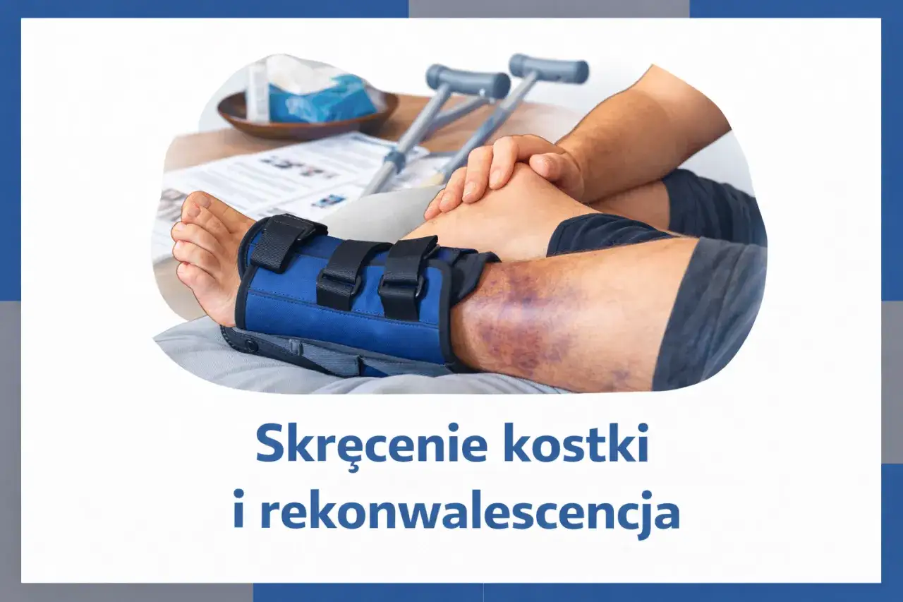 Osoba z widocznym siniakiem i opaską stabilizującą na kostce, obok kul. Objawy skręcenia kostki są widoczne.