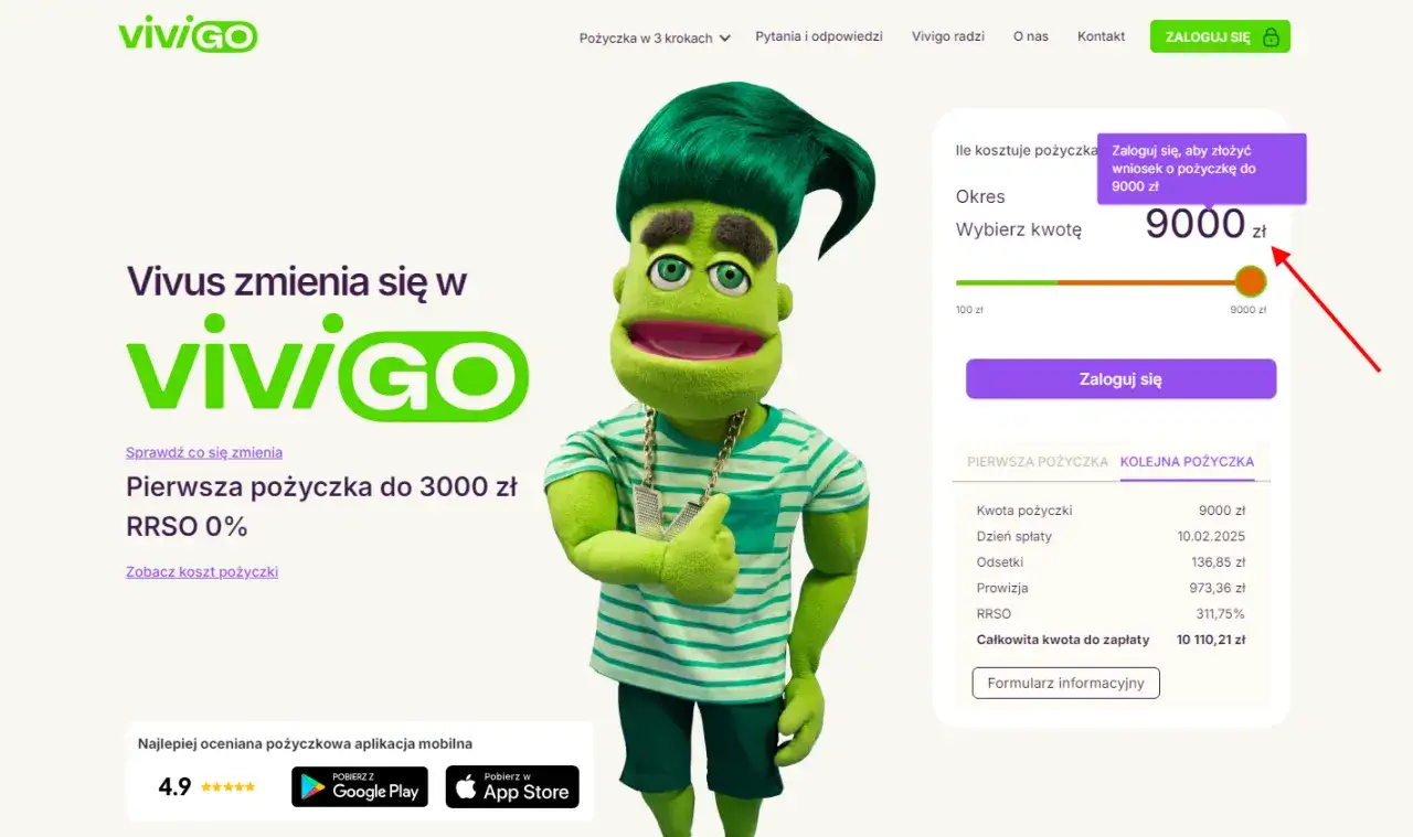 Zielona postać z włosami zachęca do wyboru kwoty pożyczki. Sprawdź, czy Vivus rozkłada na raty, wybierając kwotę 9000 zł.