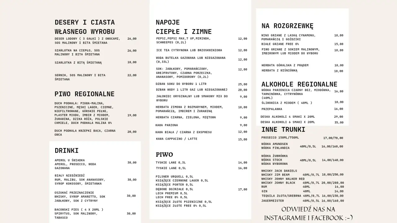 Karczma Bacówka Zakopane menu: desery, napoje, piwo regionalne, drinki, alkohole regionalne.