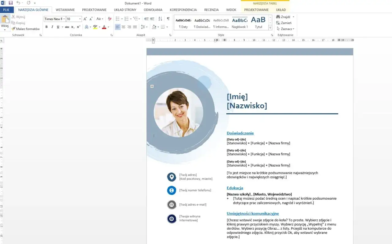 Zdjęcie przedstawia szablon CV w programie Word z miejscem na zdjęcie, dane osobowe i sekcje takie jak doświadczenie i edukacja.