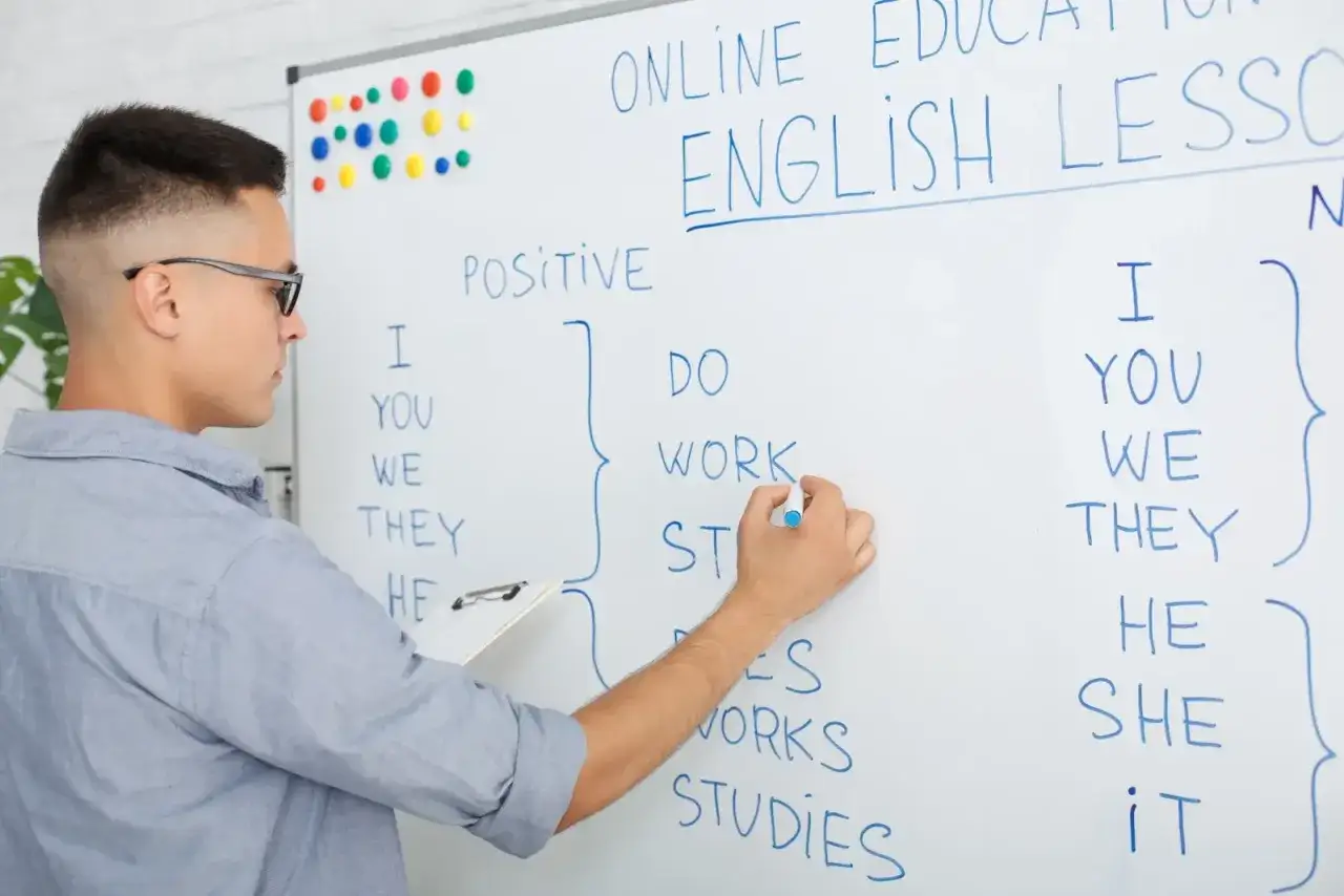 Chłopak pisze na tablicy "English Lesson". To materiał na blog język angielski o gramatyce.