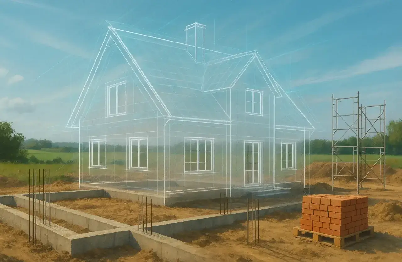 Szkic domu na tle placu budowy z fundamentami, cegłami i rusztowaniami.