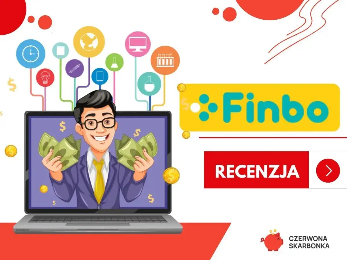 Uśmiechnięty mężczyzna z pieniędzmi na ekranie laptopa. Czy Finbo sprawdza BIK? Logo Finbo i przycisk "Recenzja".