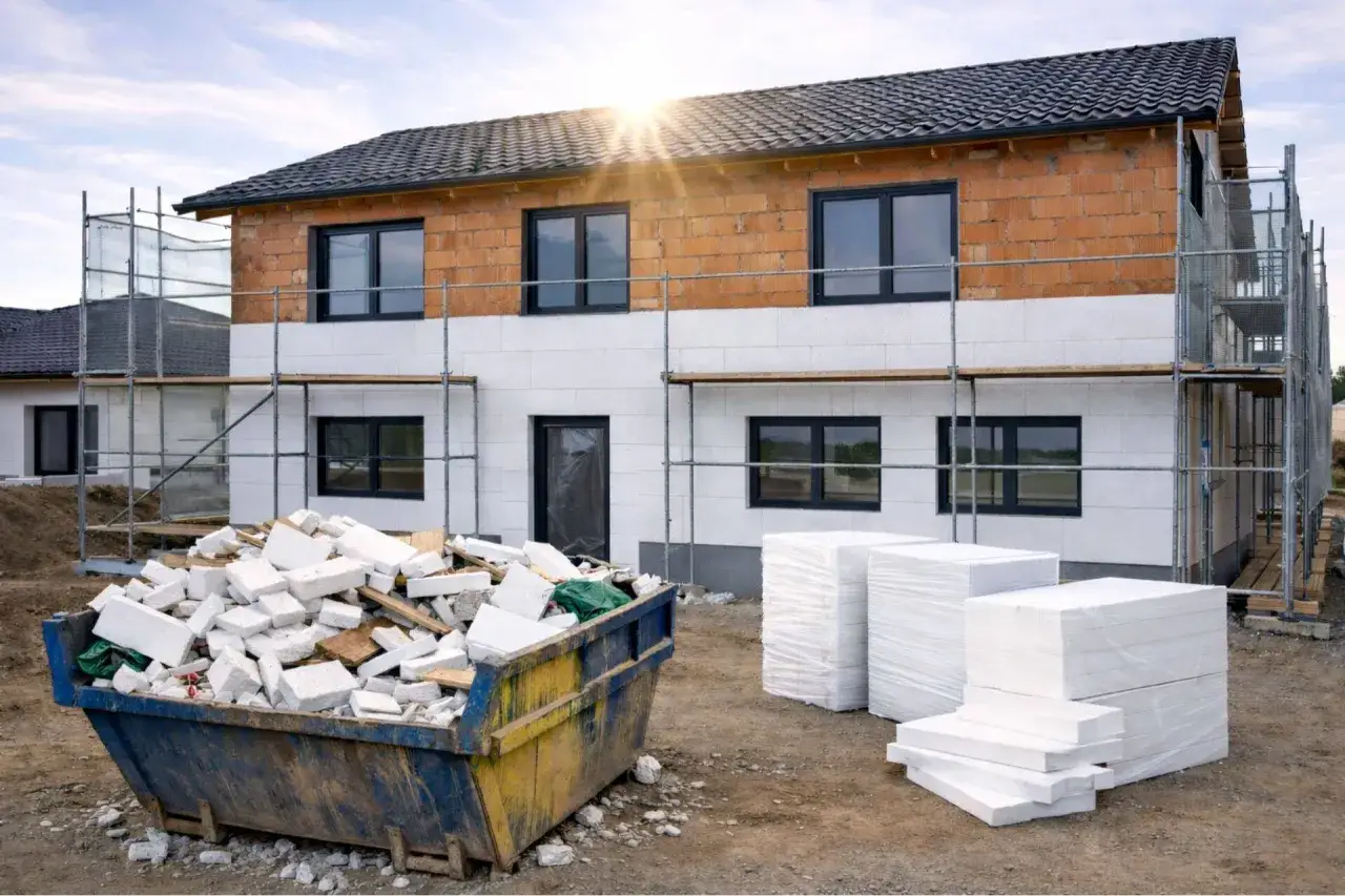 Kontener budowlany pełen styropianu i nowe płyty styropianowe obok budowanego domu.