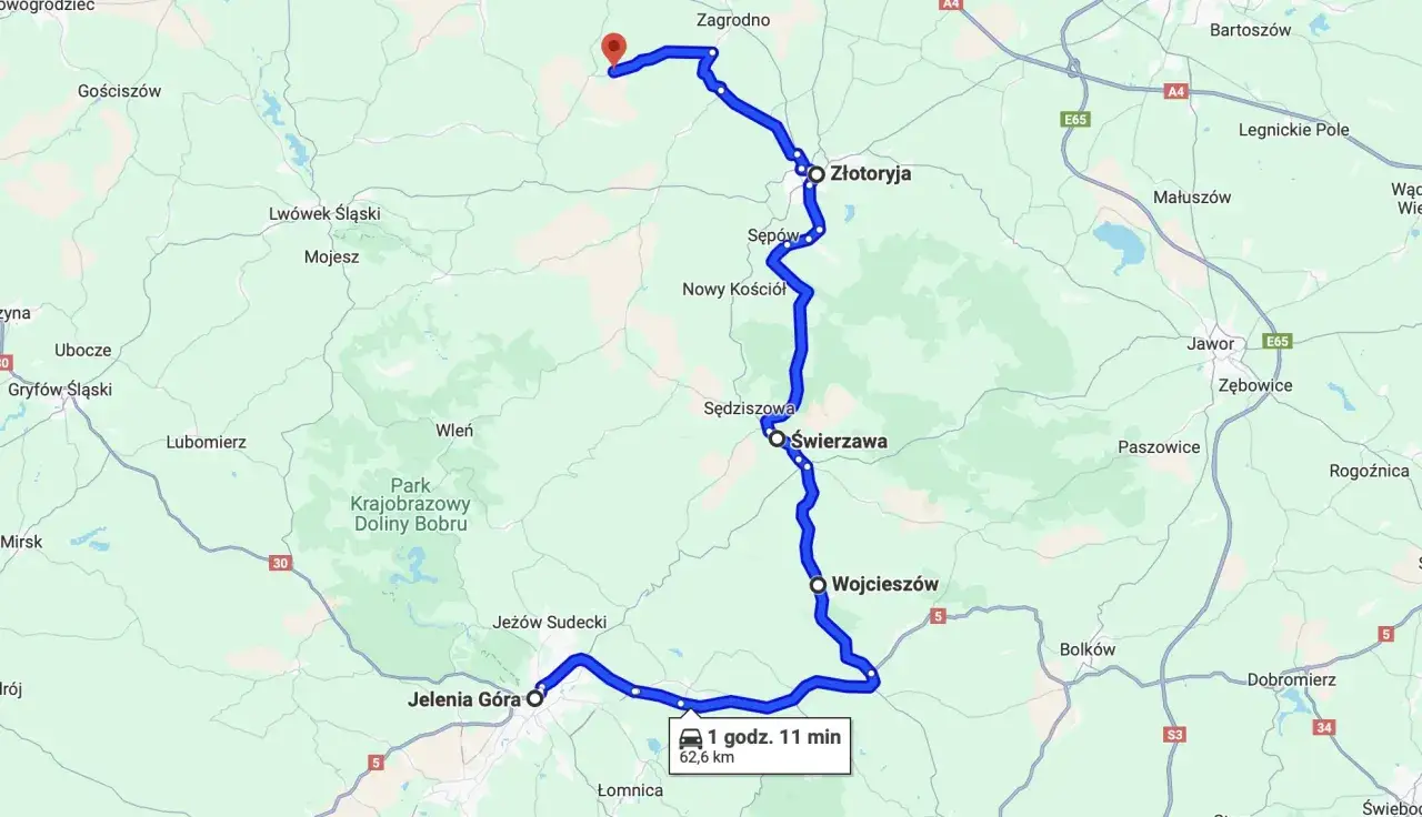 Trasa jednodniowy wypad motocyklowy przez Złotoryję, Świerzawę i Jelenia Górę.