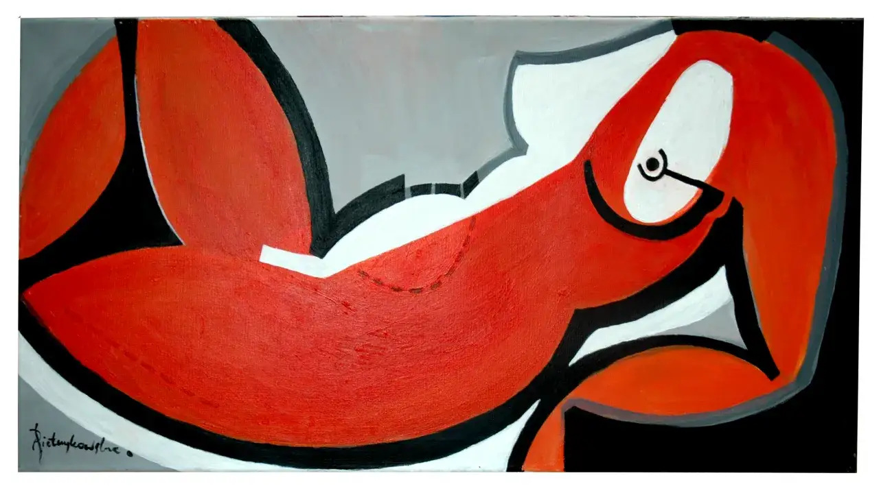 Abstrakcyjny obraz z dominującymi czerwonymi kształtami, czarnymi konturami i szarym tłem.