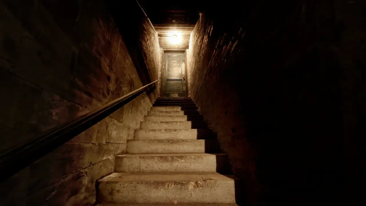 Escaleras de hormigón que bajan hacia una puerta en un sótano oscuro con una luz tenue.