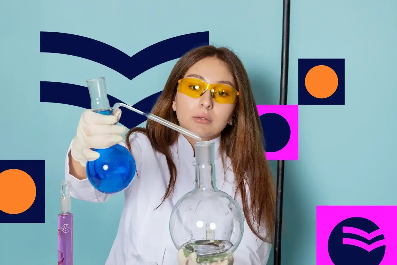 Dziewczyna w okularach ochronnych i białym fartuchu przeprowadza eksperymenty chemiczne z płynami w probówkach.