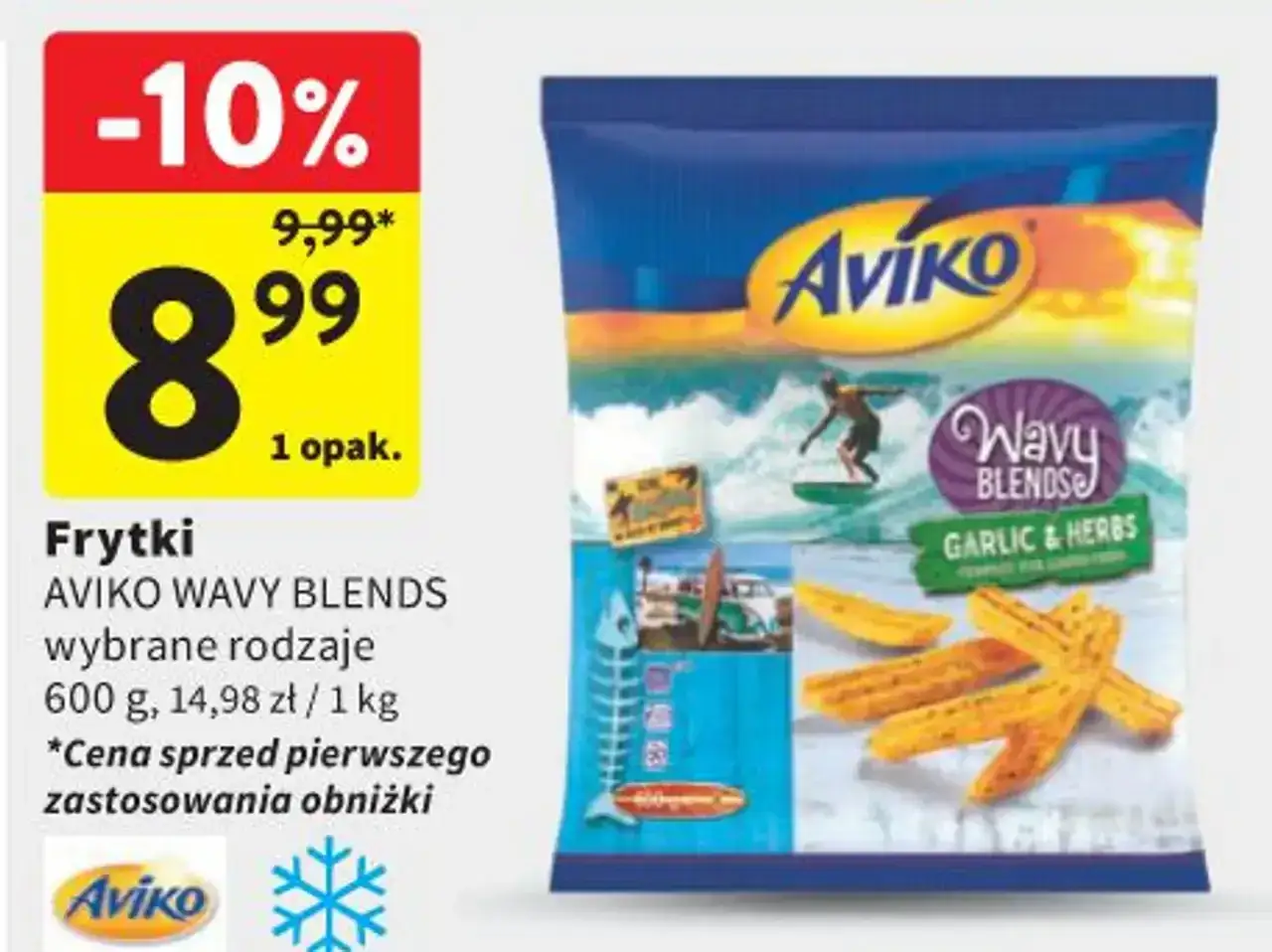 Opakowanie frytek Aviko Wavy Blends z surferskim motywem i informacją o promocji -10%.