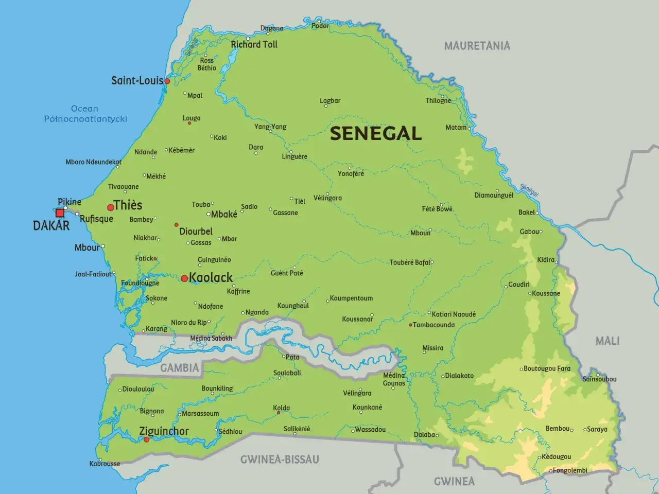 Mapa polityczna Senegalu, gdzie jest Senegal, z zaznaczonymi miastami jak Dakar, Saint-Louis i Ziguinchor.