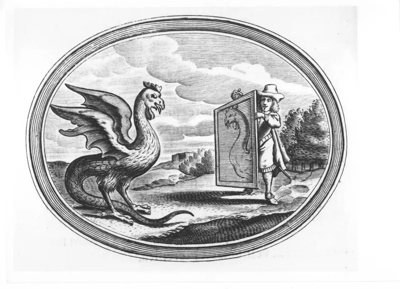 Legenda o bazyliszku: człowiek z lustrem staje naprzeciw potwora, który widząc swoje odbicie, ginie.