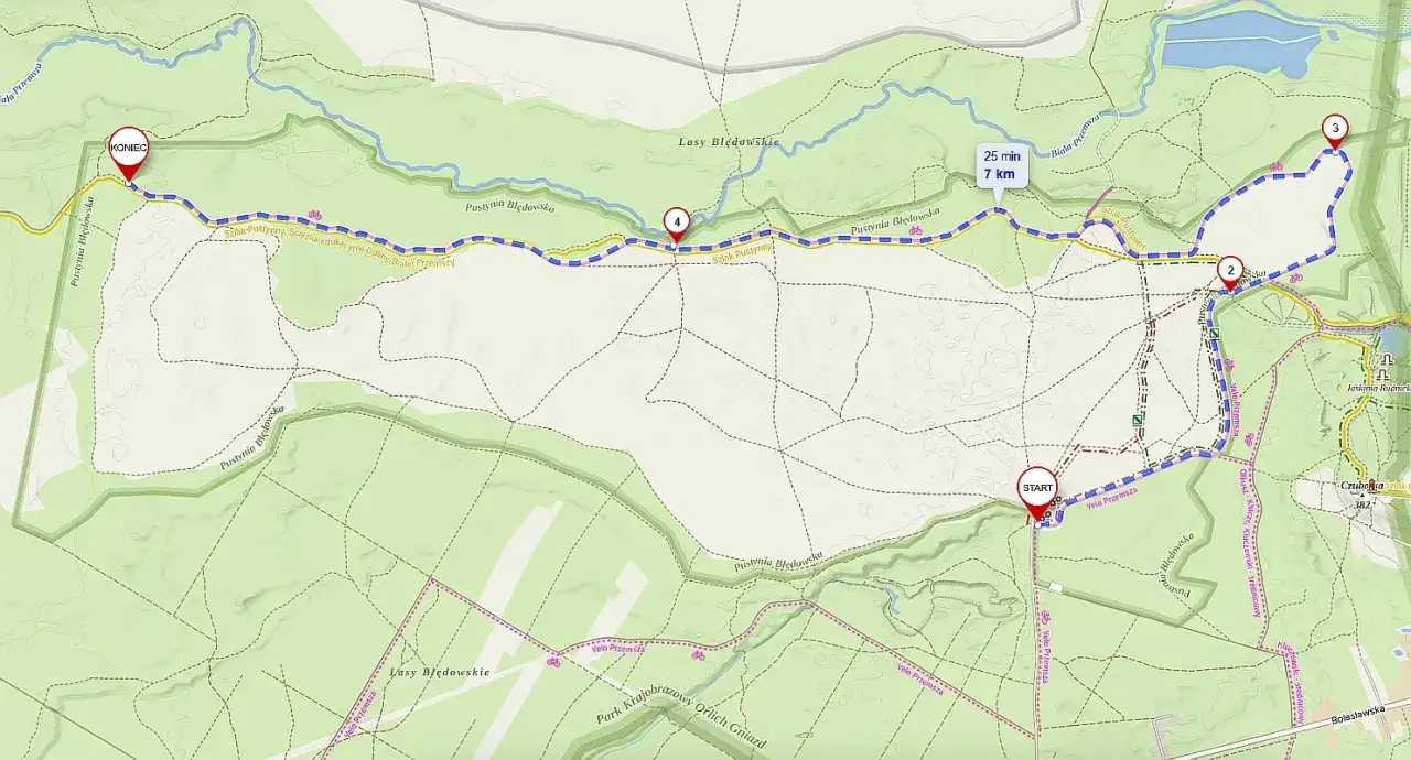 Mapa Pustyni Błędowskiej z zaznaczoną trasą rowerową Velo Przemsza. Start i meta oznaczone, punkty kontrolne 1-4.