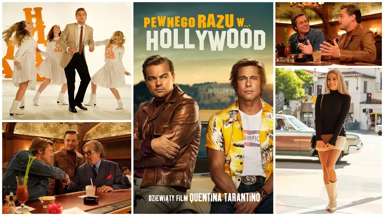 Kolaż zdjęć z filmu "Pewnego razu w Hollywood" z Leonardo DiCaprio, Bradem Pittem i Margot Robbie.