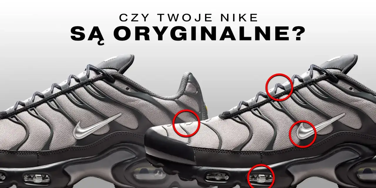 Porównanie butów Nike Air Max, gdzie czerwone kółka wskazują potencjalne różnice między oryginałami a podróbkami.
