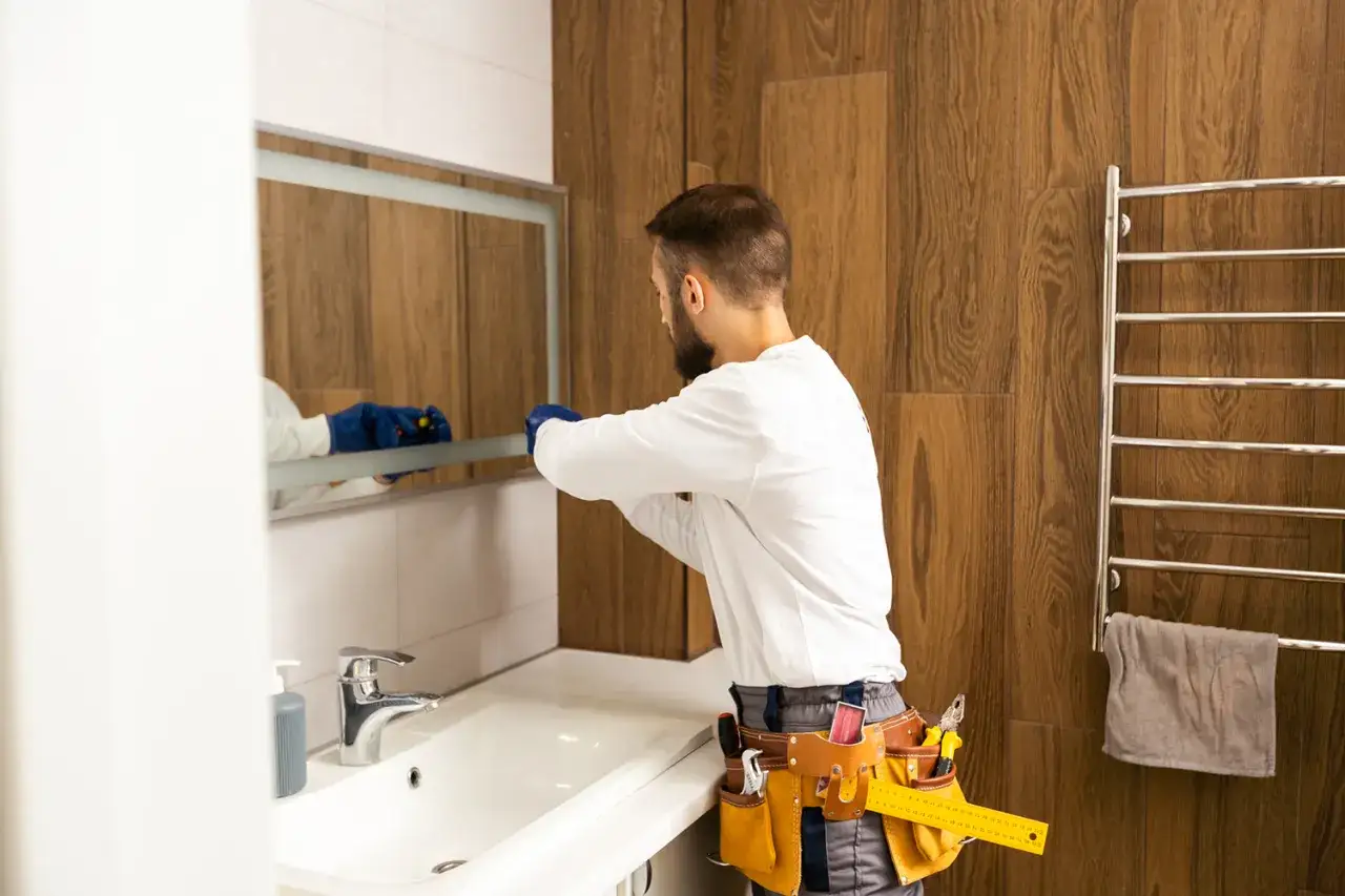 Majster w niebieskich rękawiczkach delikatnie odkleja lustro od kafelek w łazience.