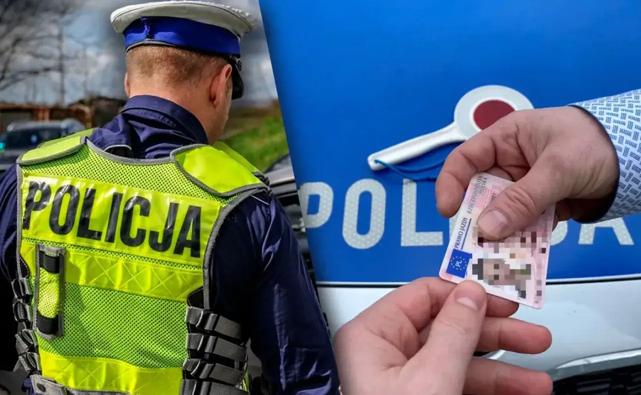 Policjant w kamizelce odblaskowej i ręka podająca prawo jazdy na tle radiowozu.