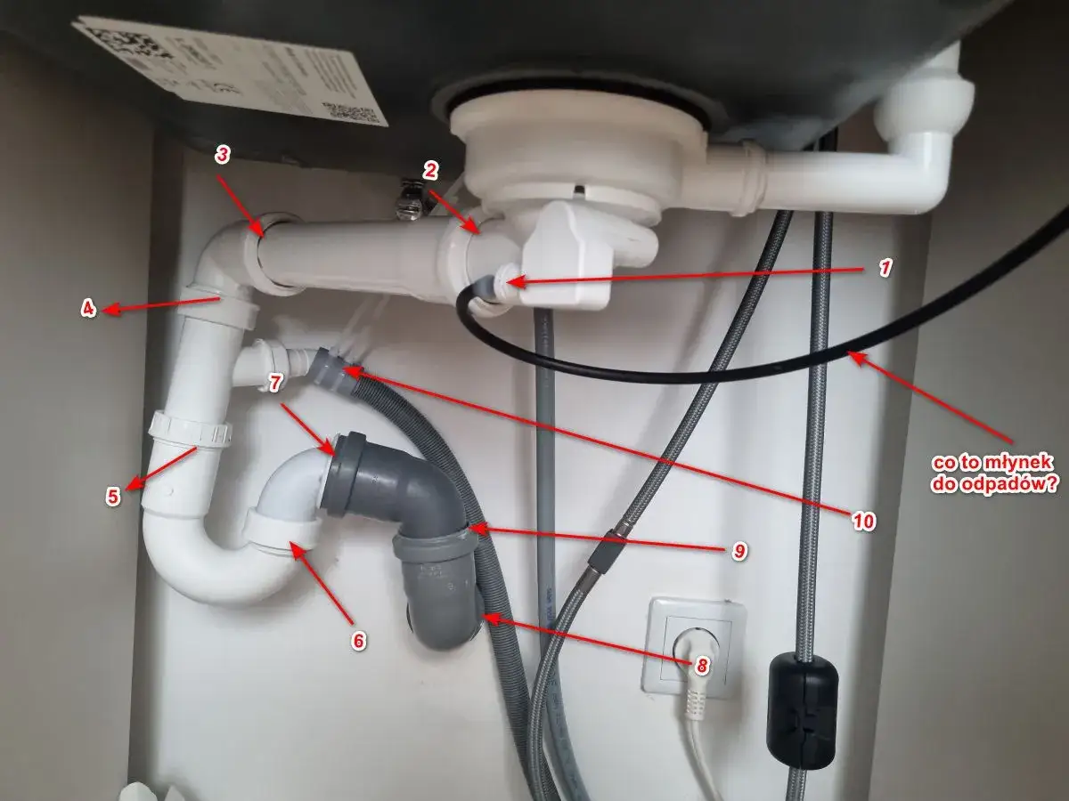 Instalacja hydrauliczna pod zlewem, pokazująca jak zrobić odpowietrzenie WC. Widoczne rury, syfon i podłączenie do gniazdka.