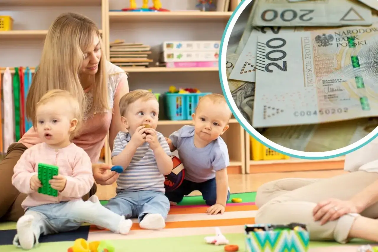 Dzieci w żłobku i banknoty 200 zł.