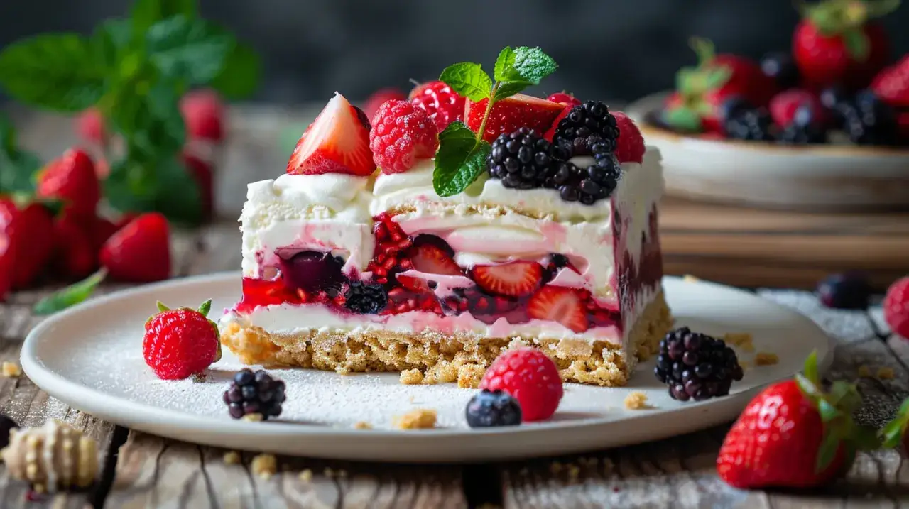 Ciasto z pianką, galaretką, owocami i kruchym spodem