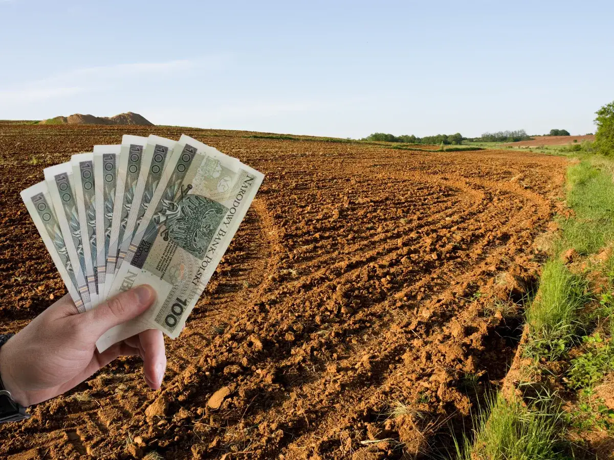 Dłoń trzyma banknoty 100 zł na tle zaoranego pola. Inwestycja w ziemię, ceny działek rolnych.